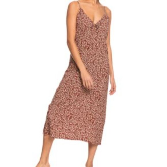 Roxy V-Neck Strappy Midi Length Slip Dress Floral Brown and White Size Medium - Picture 1 of 7